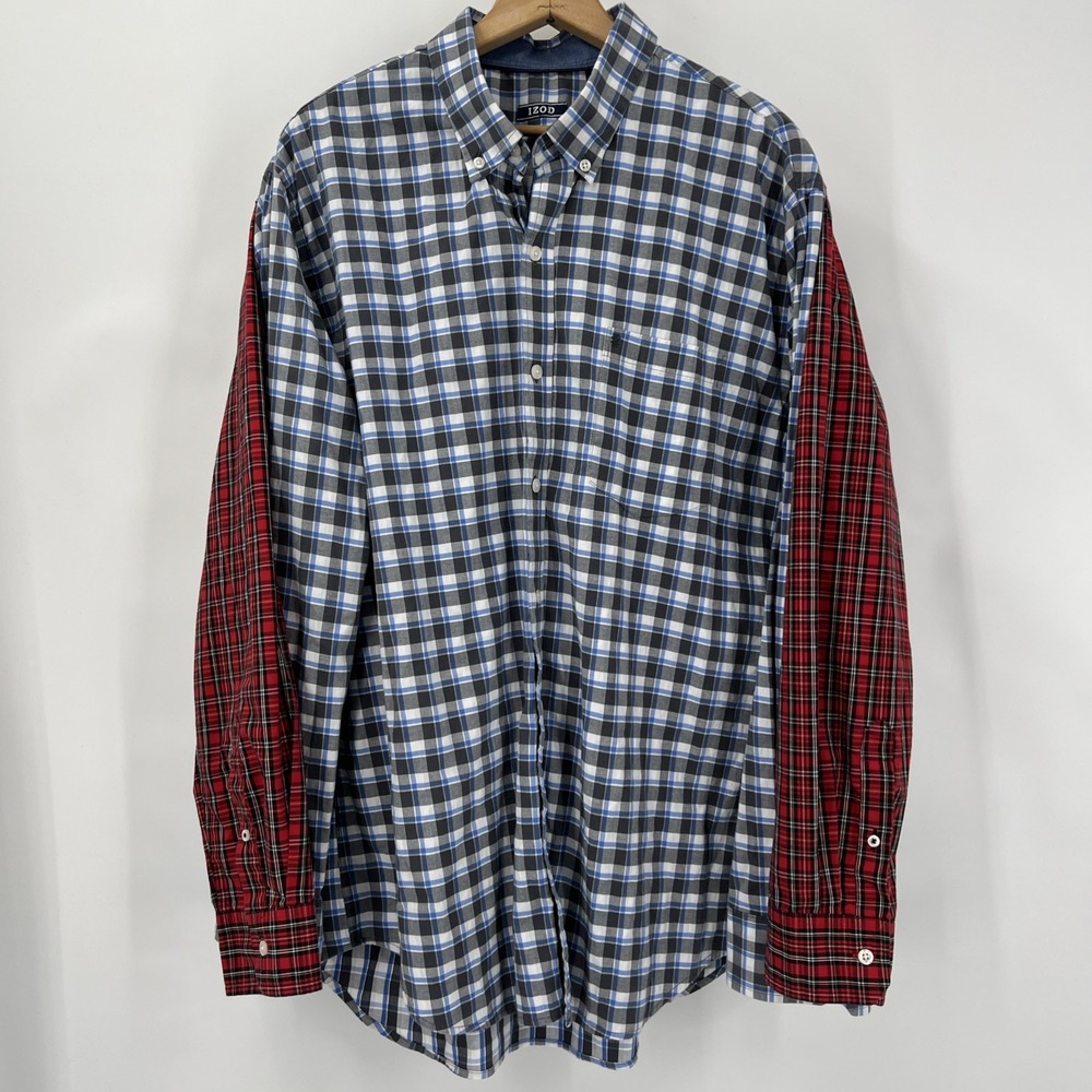 Izod Shirt Mens XL Red Tartan & Blue Plaid Lot of 2 Button Up Classic Preppy